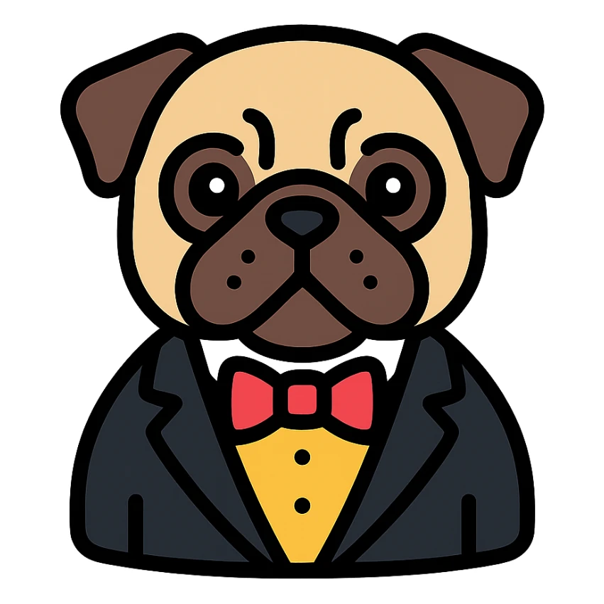 pug dog wearing a tuxedo, color icon sticker