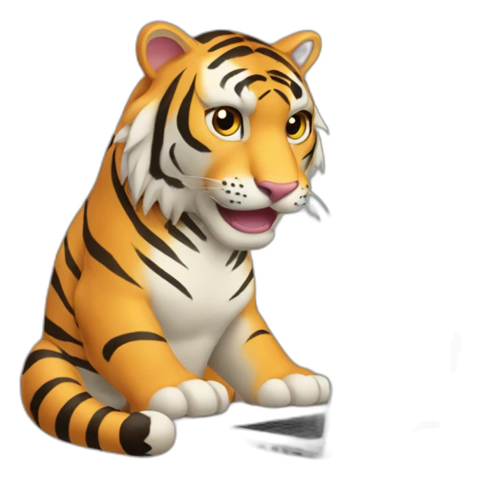 A tiger who study on a laptop with the word "AVEX" on the laptop sticker