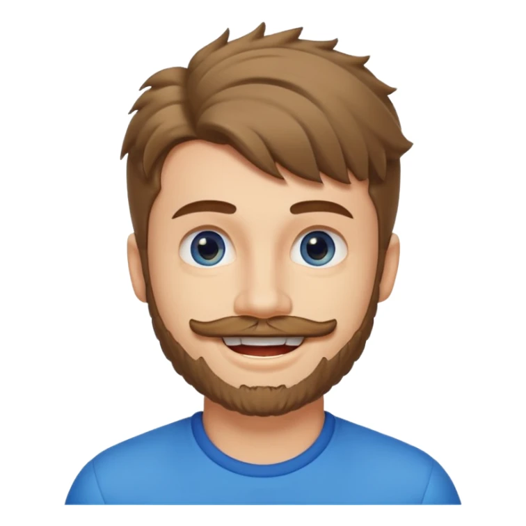 25 year old man, short scruffy beard and sparse moustache, brown puffy mullet, blue eyes, big smile, white teeth, big lips, pronounced jaw, hair longer in back, sticking up on top sticker