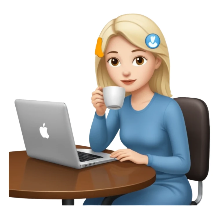 mujer blanca tomando un solo cafe y con un computador sentada en una mesa  sticker