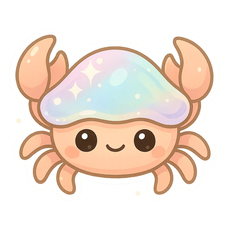 adorable crab with pearly pastel shell, shimmering effect, big eyes, minimal background sticker