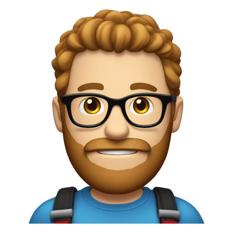 Heavy caucasian young dad, with a blue shirt, with a big brown beard and black rectangle glasses and brown hair he’s holding a red balloon animal  sticker