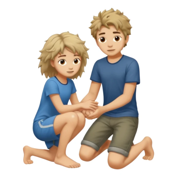barefooted boy with messy hair putting his foot on a kneeling girl sticker