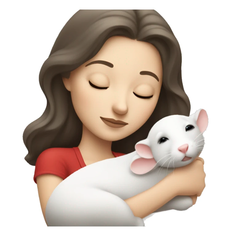 white brunette sleeping woman cuddling with one small white rat with red eyes sticker