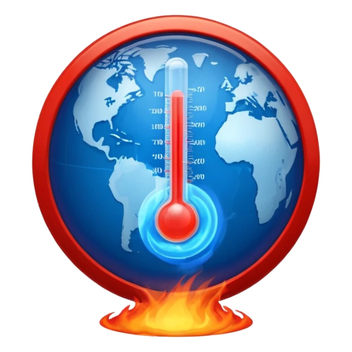 Blue Earth sphere, tilted. Prominent, oversized, fiery red thermometer/gauge, embedded. Indicator peaking 'danger' zone. Stylized orange/red heat waves/wisps rising from top half. Strong blue/red contrast sticker