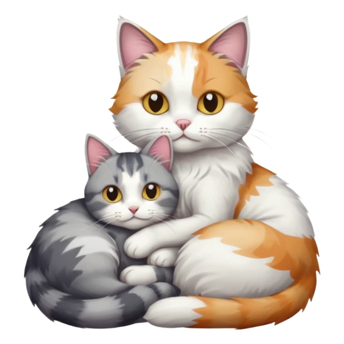full body colourful light patched calico + white tabby cat cuddling a grey and white cat  sticker