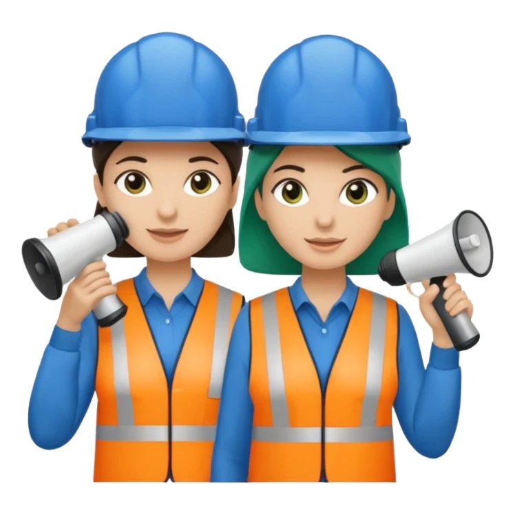 Duas pessoas com capacete de obras azul e um megafone na mão e camisa social cinza com faixas reflexivas verdes nos braços. Deve ser um homem e uma mulher. Os dois capacetes devem será azul escuro. sticker