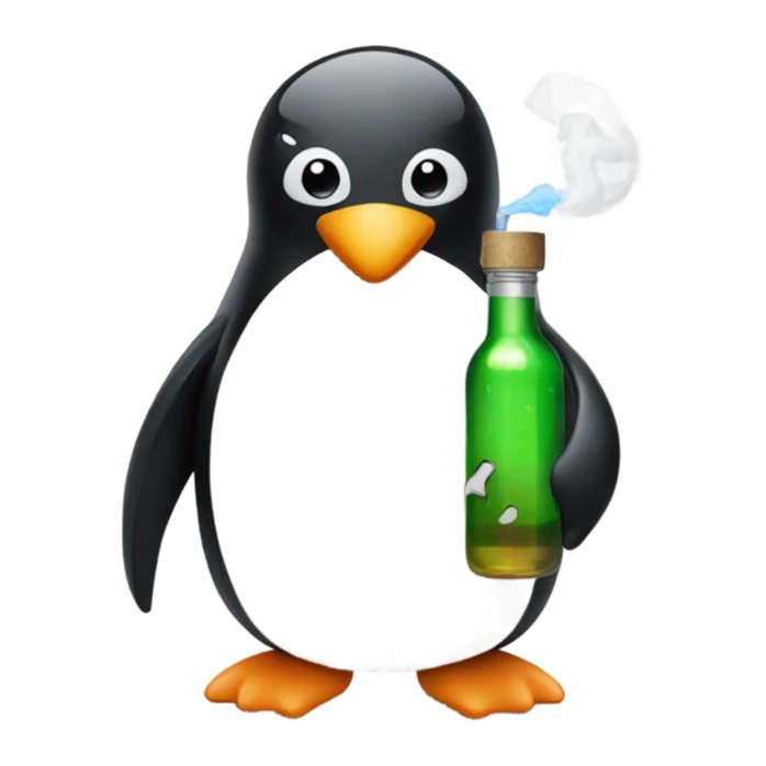 penguin with a glass bottle and a vape sticker