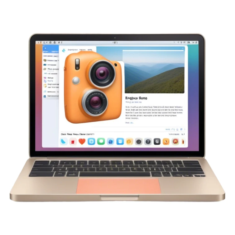 Create an emoji of blogging. The design should feature an open laptop or tablet with a visible blog post on the screen, showing text. Add a photo or video camera to symbolize multimedia content creation. Use modern, professional colors. No smiles. Make the background transparent. sticker