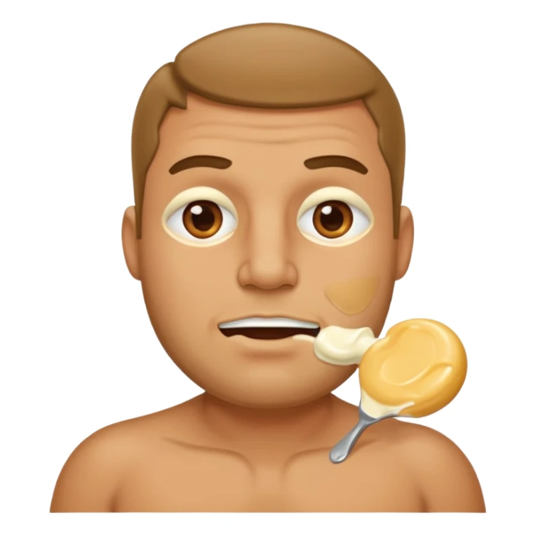 Stocky Tan man with cream on cheek mouth and chest sticker
