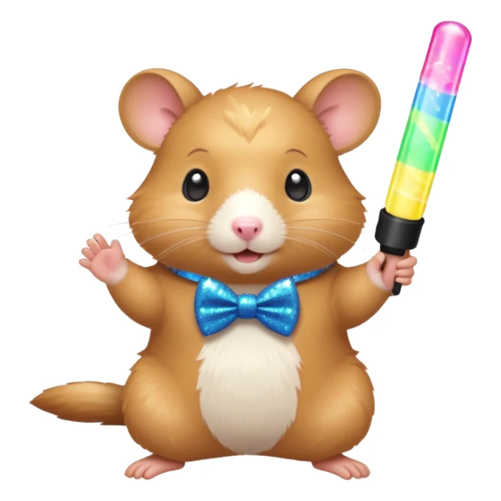 A hamster wearing a glittery bowtie, spinning around with a glow stick



















 sticker