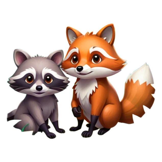 Collage of a raccoon and a fox, in close-up, surrounded by a colorful forest with rich green trees, thick bushes, and vibrant foliage. Sunlight peeks through the branches, casting warm light on the animals. A lively, natural setting with a transparent background. sticker