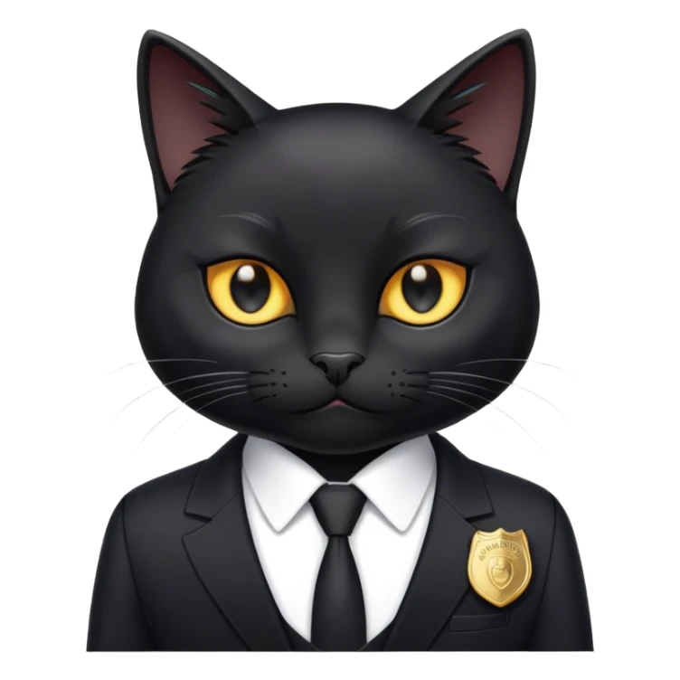 A black cat in a black suit and a badge with the inscription "PrimeCopy" sticker