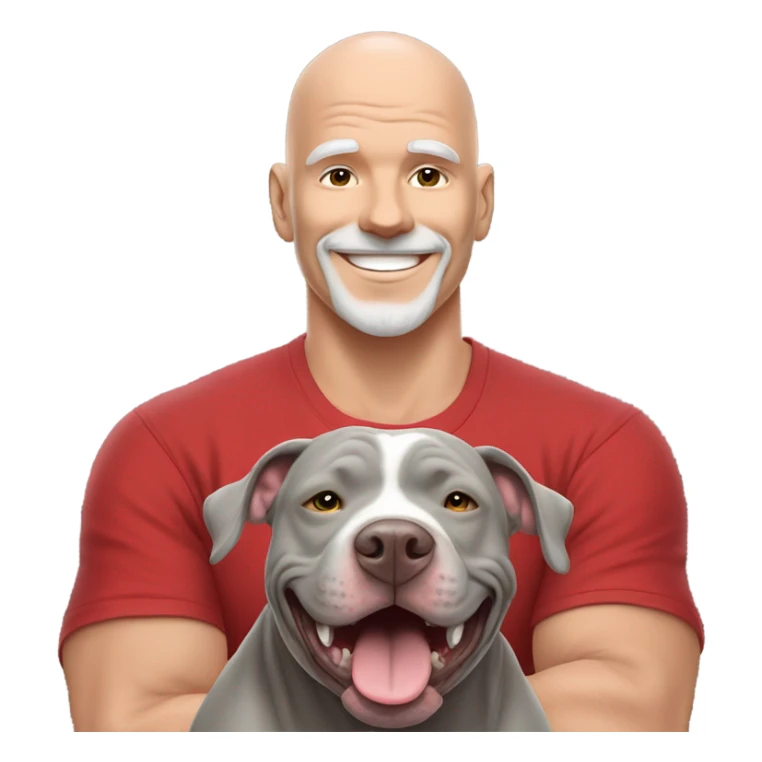 large gray male pit bull smiling and hugging bald white mature man with red tshirt sticker