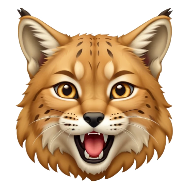 Cinematic-Cute-Yawning-Lynx-Portrait-Emoji – Head tilted slightly with a dramatic, wide-open yawn, revealing a dense golden-brown fur coat with subtle spots, signature black ear tufts standing tall, round amber eyes barely open in drowsy contentment. sticker