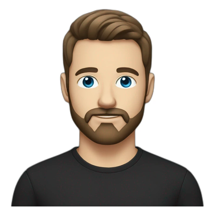 White man with blue eyes and dark brown hair, styled sideways backwards. He has a beard and mustache trimmed and wears a black t-shirt. sticker