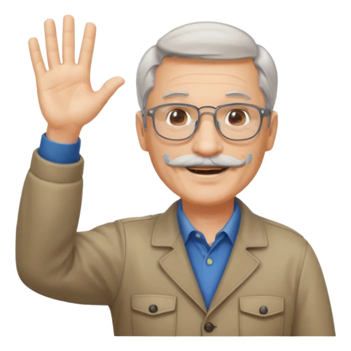 60 yr man with partially gray hair, mustache, light glasses, waving hello sticker