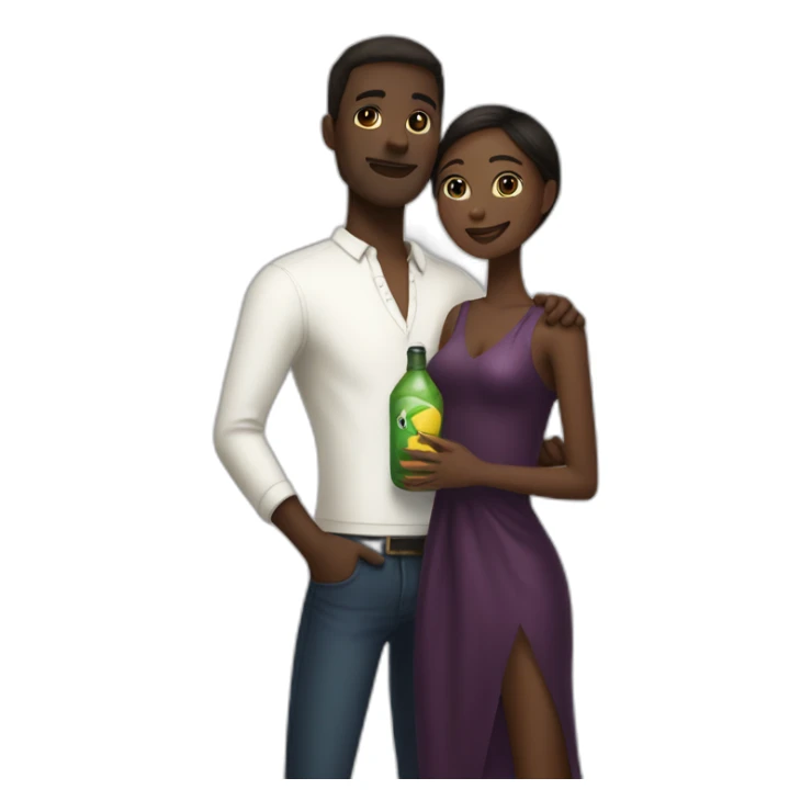 Tall fair skin man with bottle, hugging short darkskin woman in designer clothes sticker