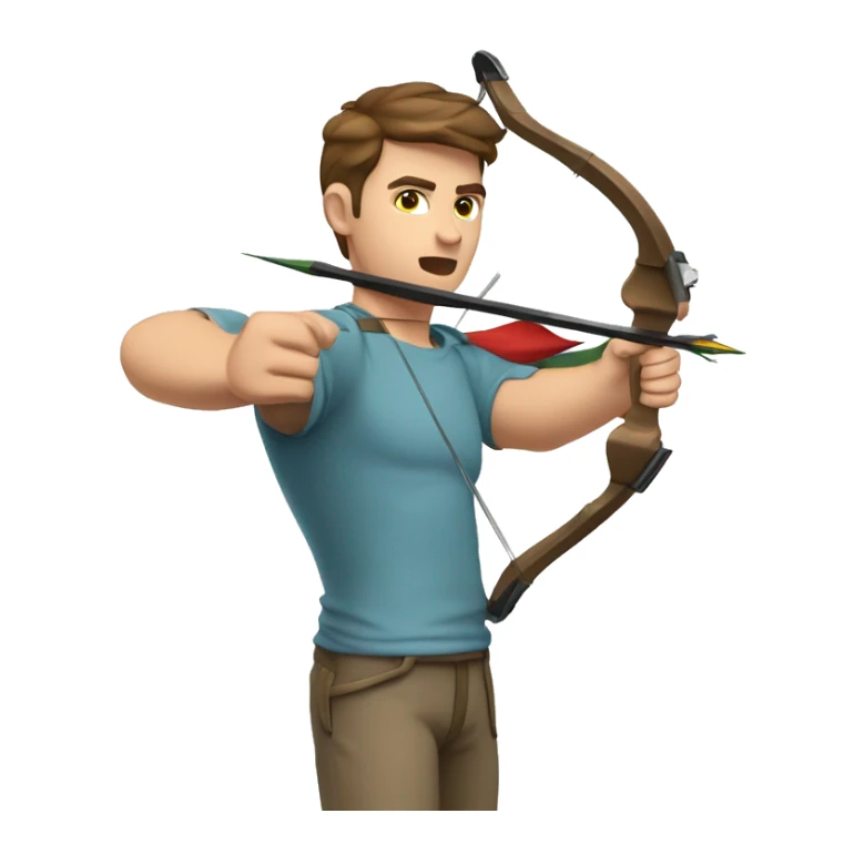 a male archer aiming with a bow looking at his target, wearing a tshirt, brown hair, bright skin, sticker