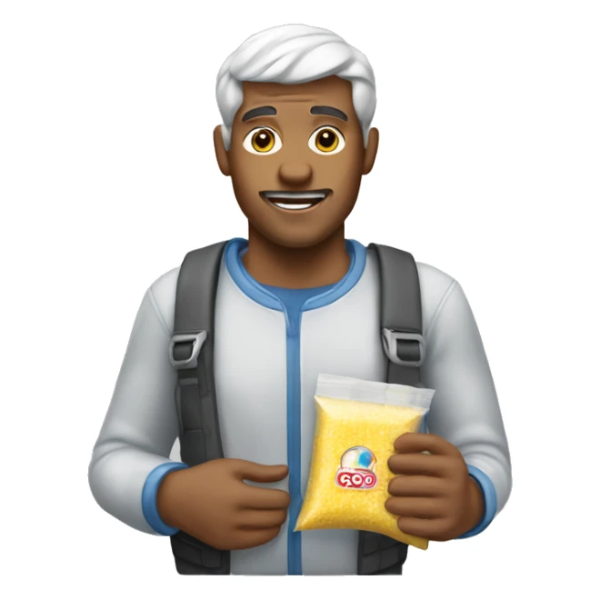 Man with small clear bag of sugar sticker