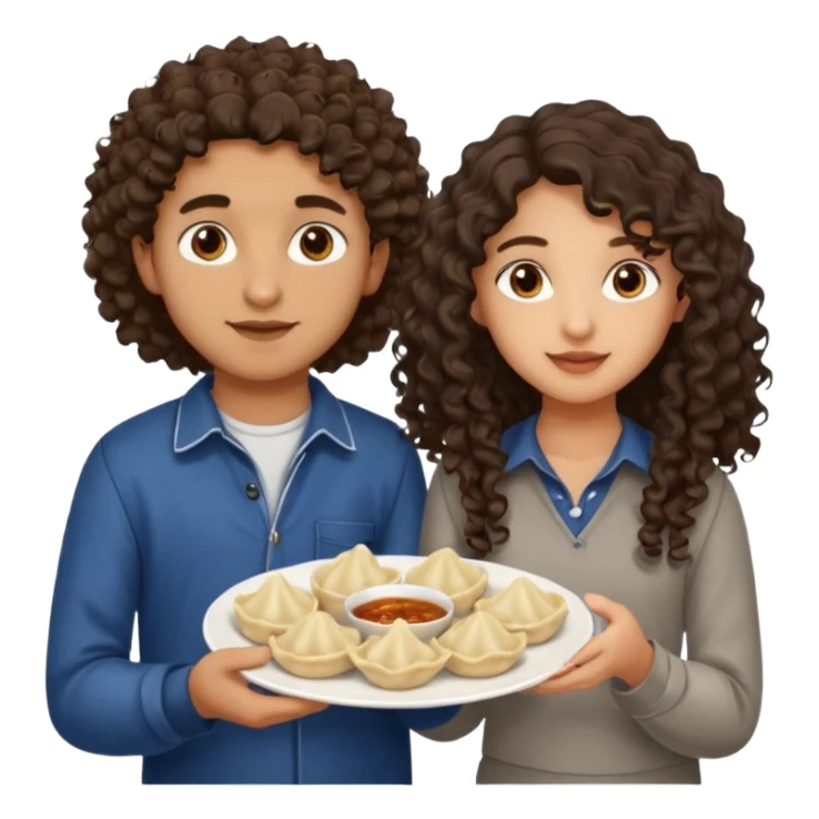 Can you create an emoji of three 23 year olds eating dumplings. One boy with wavy curly hair and one Jewish girl with long dark brown curly hair and one half Indian / half white girl with mid length straight dark brown hair. All brown eyes sticker