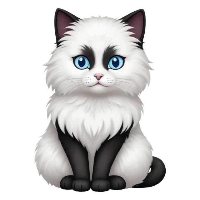 black cat with blue eyes, fluffy, white chest and white face sticker