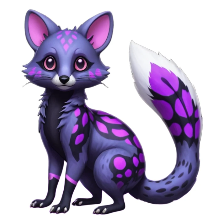Obsidian-onyx-pitch-black fur base coat with glowing-neon-purple markings and patterns, shiny blind eyes, magical fantasy-Genet-Sentret-Marsupial-Possum-Vernid-Sergal-Fakémon-hybrid, by LiLaiRa-griffsnuff, full body sticker