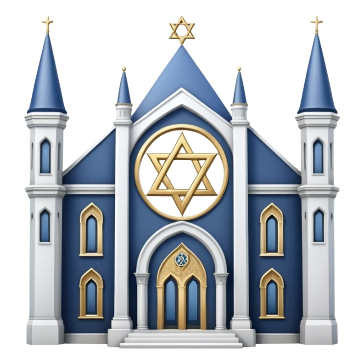 reform jewish synagogue similar in architecture to historical religious architecture in europe. the building should be white with silver/golden features, gothic architectural elements and star of david. no crosses. the emoji should be in ios emoji style. sticker