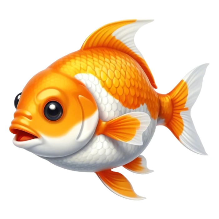 Cinematic Comical Orange and White Goldfish Portrait Emoji, Head tilted dramatically with an exaggeratedly amused expression, featuring a striking body with bold orange and white patterns, wide, expressive golden eyes filled with playful disbelief, Simplified yet hilariously expressive features, highly detailed, glowing with a slightly sassy glow, high shine, dramatic yet playful, stylized with an air of cheeky mischief, bright and endearing, soft glowing outline, capturing the essence of a spirited and over-the-top goldfish, so meme-worthy it feels like it could side-eye its way into internet fame instantly! sticker