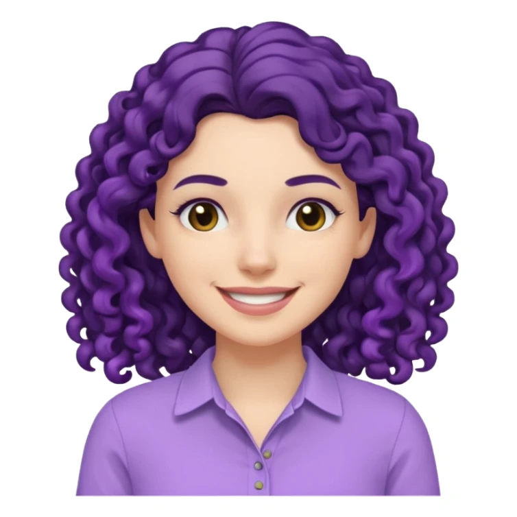 mujer blanca con cabello largo rizado negro sonriendo con camisa lila sticker