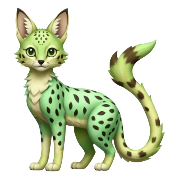 Epic complex detailed emerald-green pastel-lime-green dark-brown beige pastel realistic aesthetic-scenic-Fakémon-Sprigatito-Floragato-Meowscarada-Trico-Sergal-Serval-Vernid-creature (full body) sticker