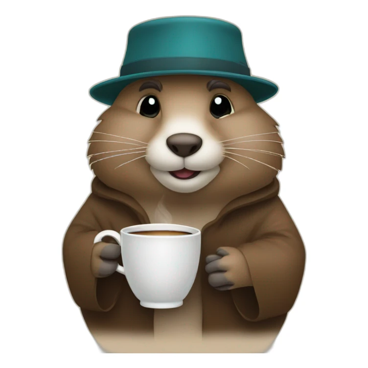 Sleepy groundhog in robe and cap holding cup of coffee sticker