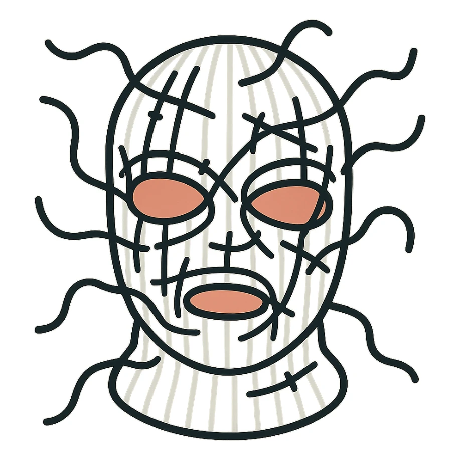 The mask is a full-head, white knitted balaclava with a tight ribbed texture. It features two asymmetrical eye openings and a partially exposed mouth area. Black thread is stitched across the surface in chaotic, abstract lines that trace facial features, giving a hand-drawn effect. Several black cords extend outward from the mask, varying in length and direction, adding a sculptural, almost organic appearance. The overall look is bold, handcrafted, and visually striking. sticker