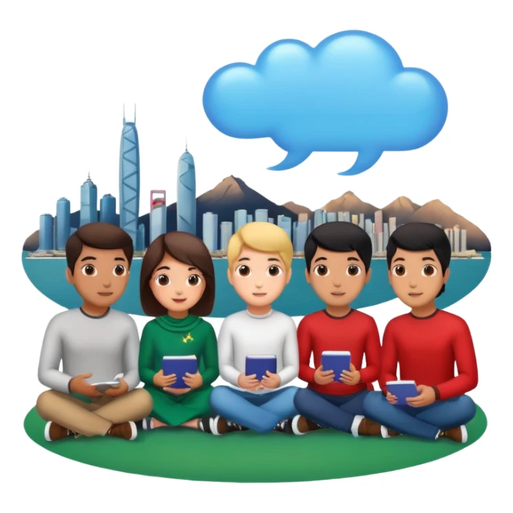 A group of young Pakistani people sitting around and sharing knowledge, with talking bubble of Hong kong scenary in it sticker