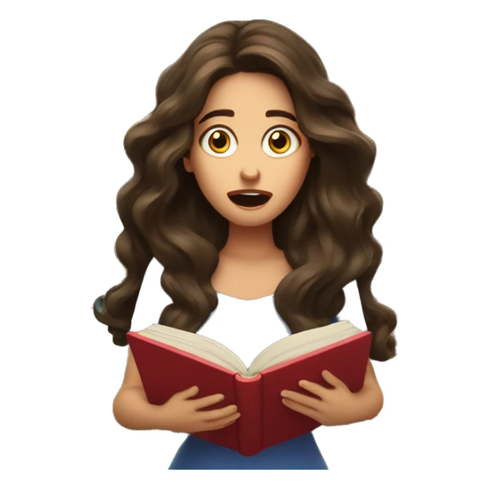 brunette long wavy hair woman shocked face while holding and reading book sticker