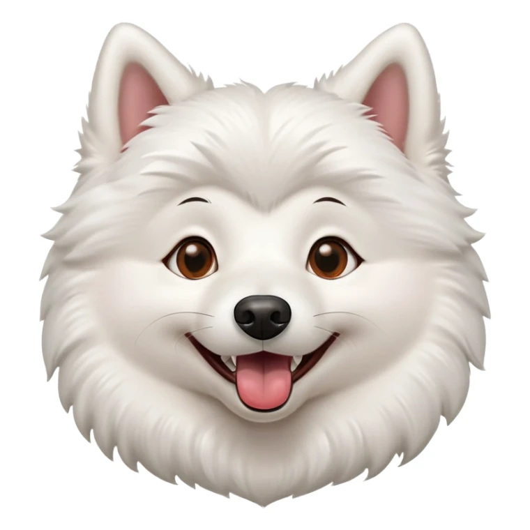 white American Eskimo dog with happy expression. mouth is open with tongue visible and tips of canine teeth visible. ruff is in a heart shape. eyes are almond shaped with brown eyes and black rimmed eyes. emoji depicts the head and ruff of the dog. dog is a girl  sticker