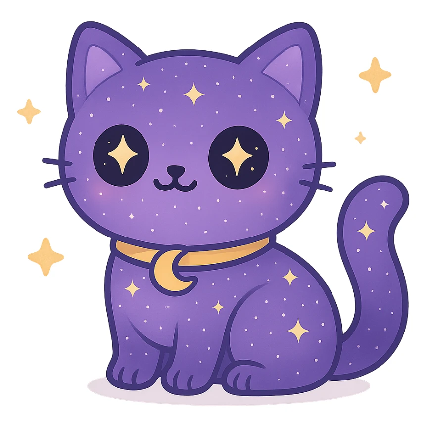 Remove the background, keep the adorable purple galaxy gothic cat with crescent moon collar and transparent background, no background visible. sticker