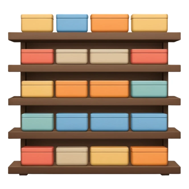 "Minimalist Japanese shelf display, products aligned identically across horizontal rows, vertically varied by type, clean spacing, precise symmetry, soft neutral lighting, aesthetic composition, highly organized, front-facing packages, ultra-detailed." sticker