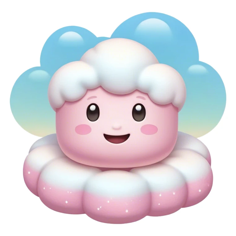 Cinematic fluffy pastel marshmallow character, soft round edges, tiny sparkly eyes, a small happy smile, glowing warmly, floating in a dreamy soft sky. sticker
