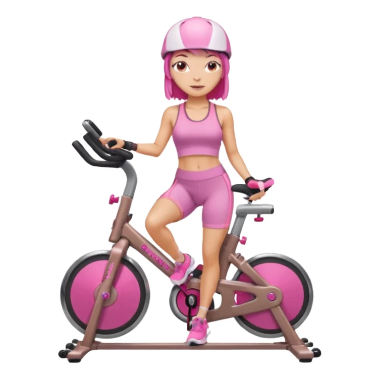 Light tan girl with a brown bob hat style with pink highlights in a pink workout set leaning on a indoor cycle bike, no helmet but add pink hair highlights  sticker