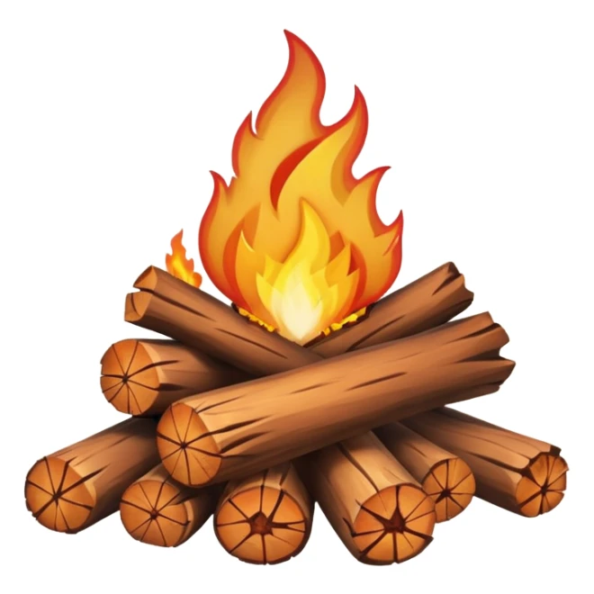 Emoji-style bonfire with logs and flames, cute and rounded, soft shading, bright warm colors sticker