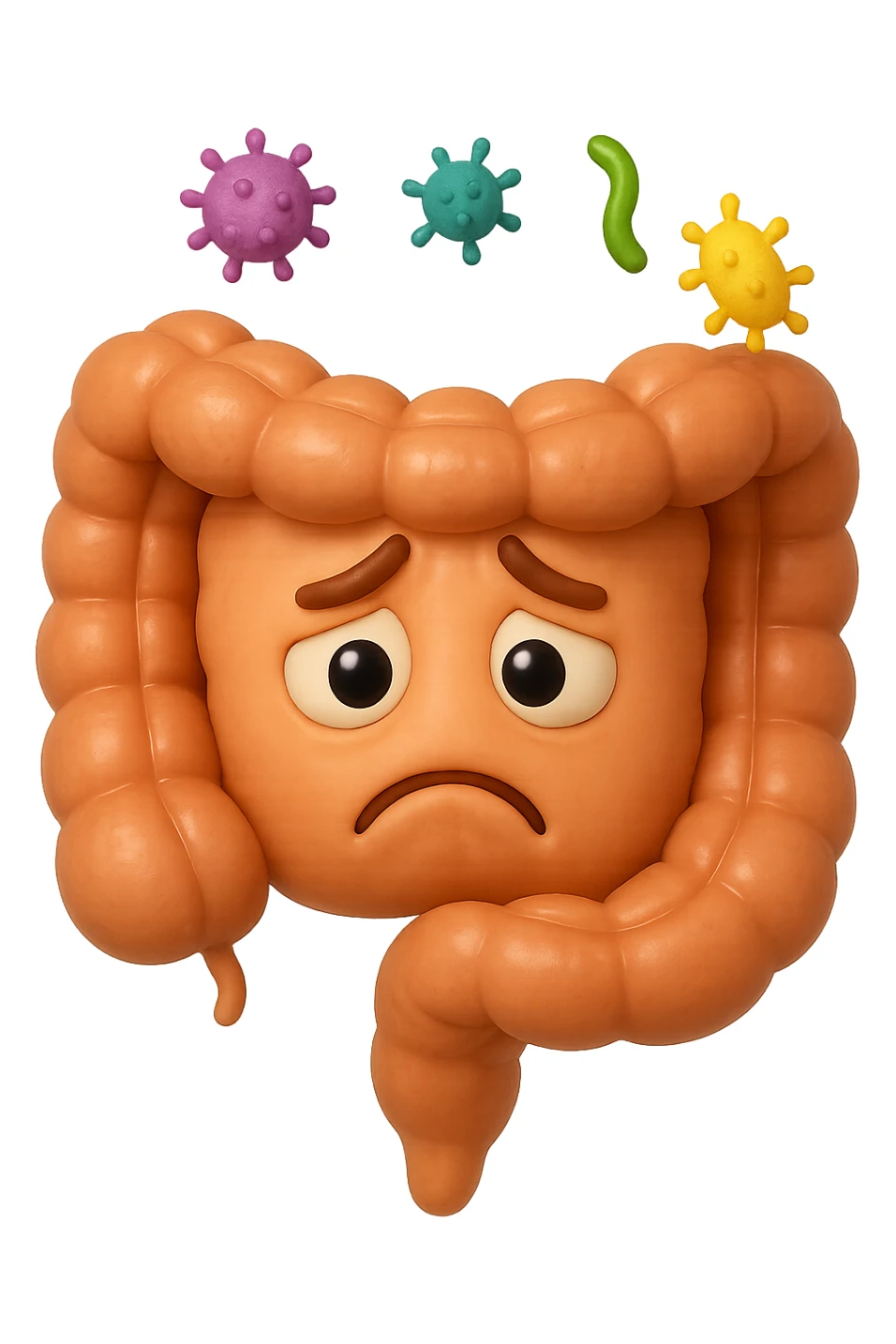 EMOJI STILE IPHONE 3D DI INTESTINO 3D CON ESPRESSIONE TRISTE  IN VOLTO MENTRE SOPRA LUI FLUTTUANO BATTERI, FAGLI ANCHE LA PARTE BIANCA DEGLI OCCHI, NON SOLO LA PUPILLA sticker