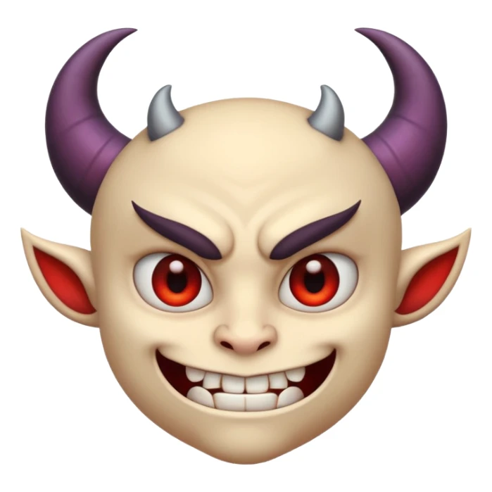 Demon cartoon emoji character, confident and edgy expression, sharp eyes, subtle smirk, small curved horns, clean stylized face, not cute, not scary, balanced dark and saturated colors, bold shapes, modern emoji-style illustration, high contrast, strong character presence sticker