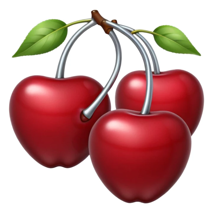A pair of cherries emoji made of polished silver chrome, smooth rounded shapes, glossy metallic finish, soft highlights and reflections, cute proportions, iOS emoji style, centered, clean white background, no text sticker