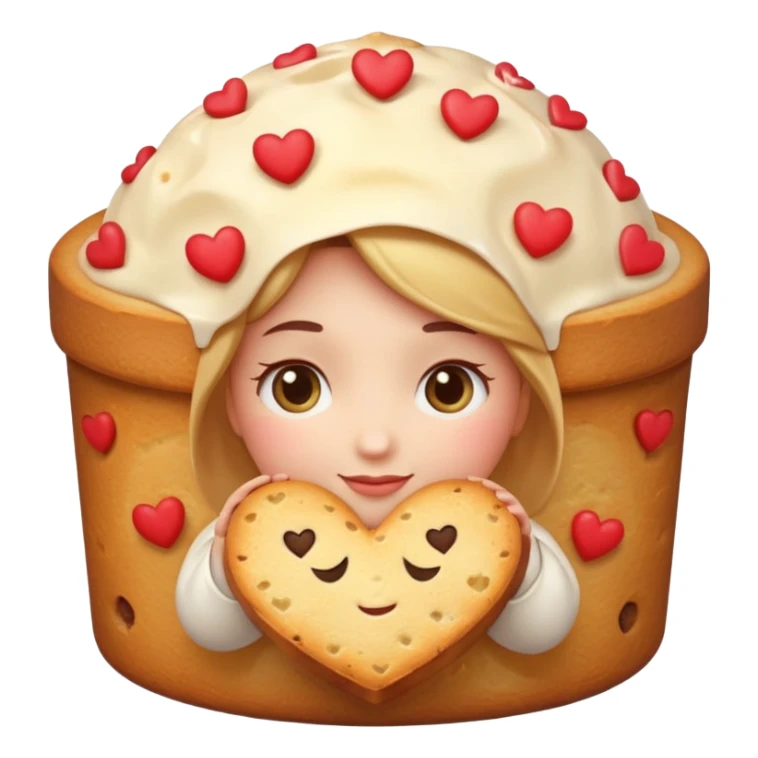 Apple-style emoji illustration of a cute face with dreamy eyes hugging a traditional panettone, small hearts floating around, soft 3D emoji style, smooth gradients, rounded shapes, warm festive colors, simple expression, centered composition, transparent background, no text. sticker
