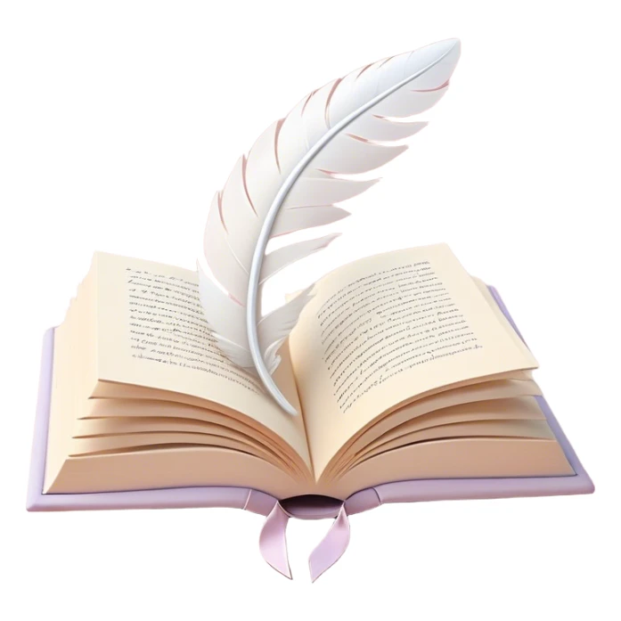 Create a delicate and poetic emoji representing poetry. The design should feature several elegantly flying pages with short poetic columns written on them. The pages should appear light and flowing, almost as if being carried by the wind. Include one white feather, gently resting on the pages, symbolizing creativity and inspiration. Use soft, pastel tones to give it a dreamy, artistic feel. The design should feel ethereal and whimsical, capturing the essence of poetry. Make the background transparent. sticker