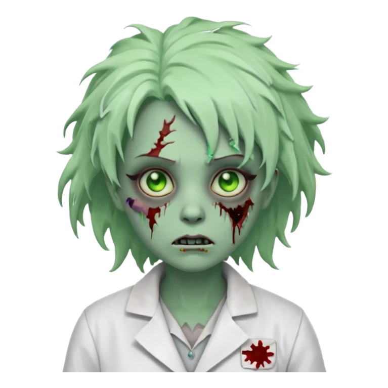 zombie scientist woman portrait, head and shoulders only, torn lab coat collar, pale green skin, stitched face details, glowing eerie eyes, messy hair, creepy but cute cartoon style, 3D cartoon, mobile game icon style, clean background, no text, no watermark
 sticker