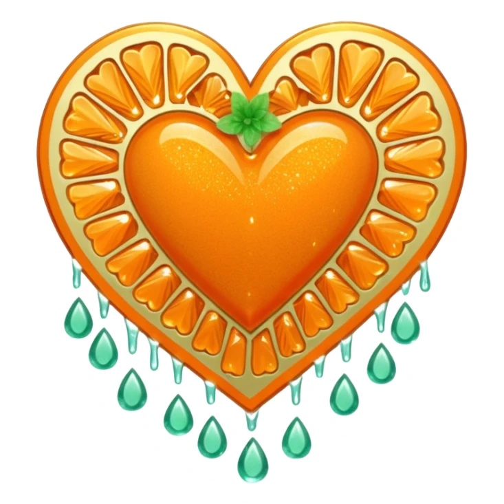 orange glittery heart, chopped  in pieces  with mint green water dripping down and a couple art deco fans  sticker