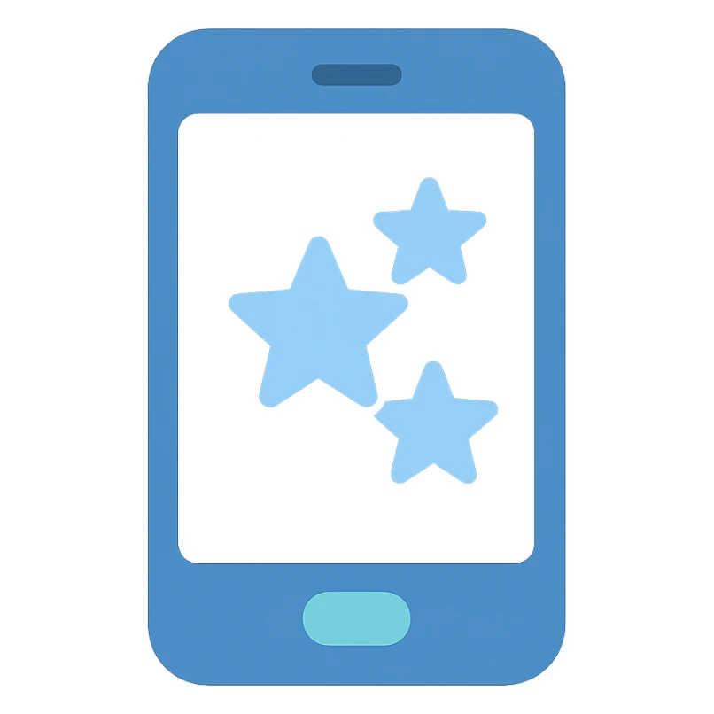 Smartphone icon with three stars, flat emoji style, outline with blue and turquoise colors, screen filled solid white sticker