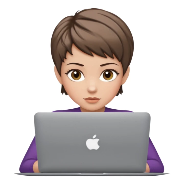 macbook pro woman pixie haircut ash brown hair hazel eyes sticker